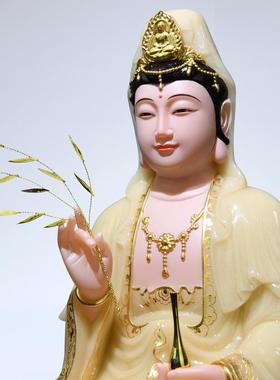 汉白玉观音菩萨佛像家用全堂佛坐莲娑婆三圣观世音摆件大居家供奉