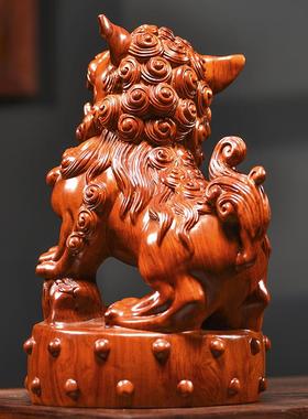 实木雕站鼓狮子摆件一对镇宅招财家居客厅玄关乔迁新居工艺品送礼