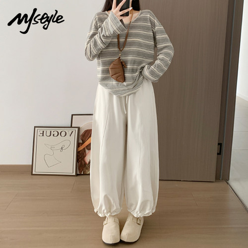 MJ STYLE咖色木耳边花苞裤女2025秋季新款裤子高腰小个子阔腿裤 - 图0