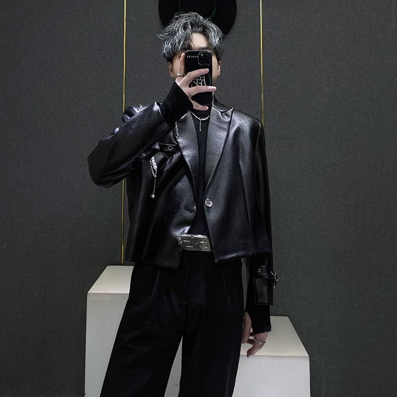 设计感链条装饰小众短款西装外套宽松简约垫肩黑色秋季新款上衣男,淘宝优惠券,粉丝福利购,淘宝优惠卷
