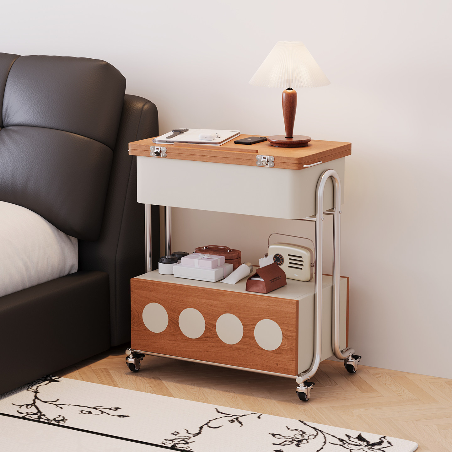 威展实木茶几翻转桌面家用沙发边几客厅可移动多功能推车小茶几