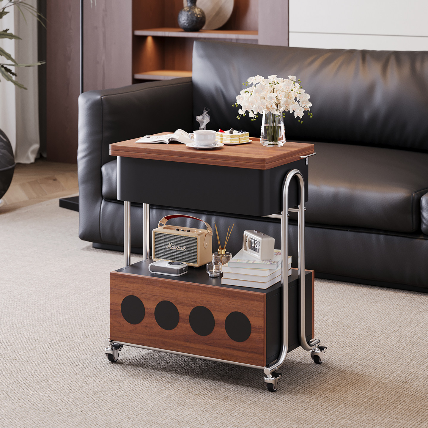 威展实木茶几旋转桌面小户型家用沙发边几可移动简约多功能小推车
