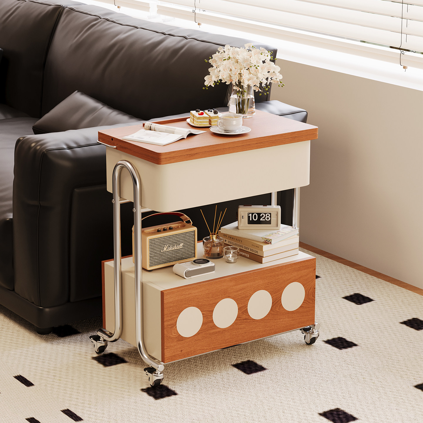 威展实木茶几翻转桌面家用沙发边几客厅可移动多功能推车小茶几