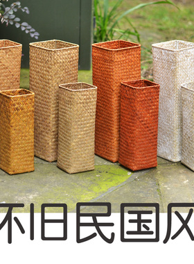 海草编干花花筒落地竹编花桶插花配件鲜花瓶婚庆家居拍摄道具大小