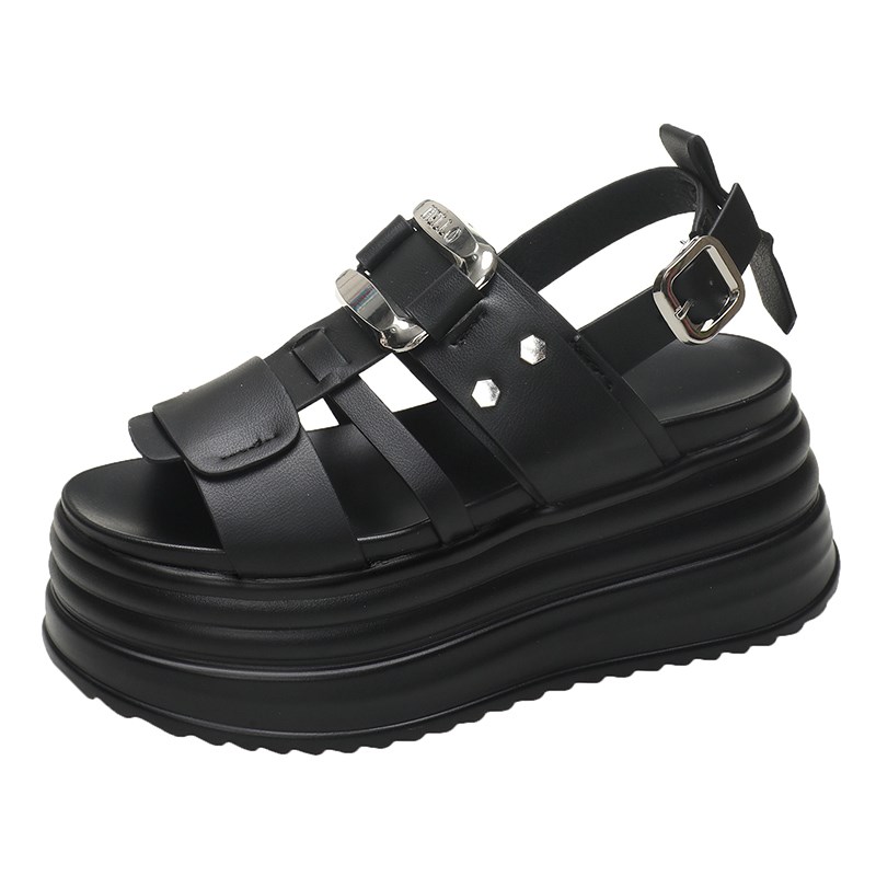 高级感厚底松糕g凉鞋女2024夏季新款复古金属扣8cm增高跟露趾凉鞋 - 图3