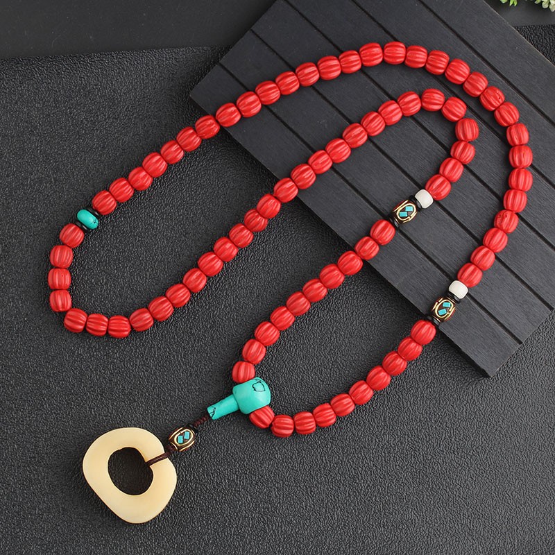 牛骨吊坠民族风挂件m项链配饰红色朱砂毛衣链长款棉麻百搭简约大 - 图1