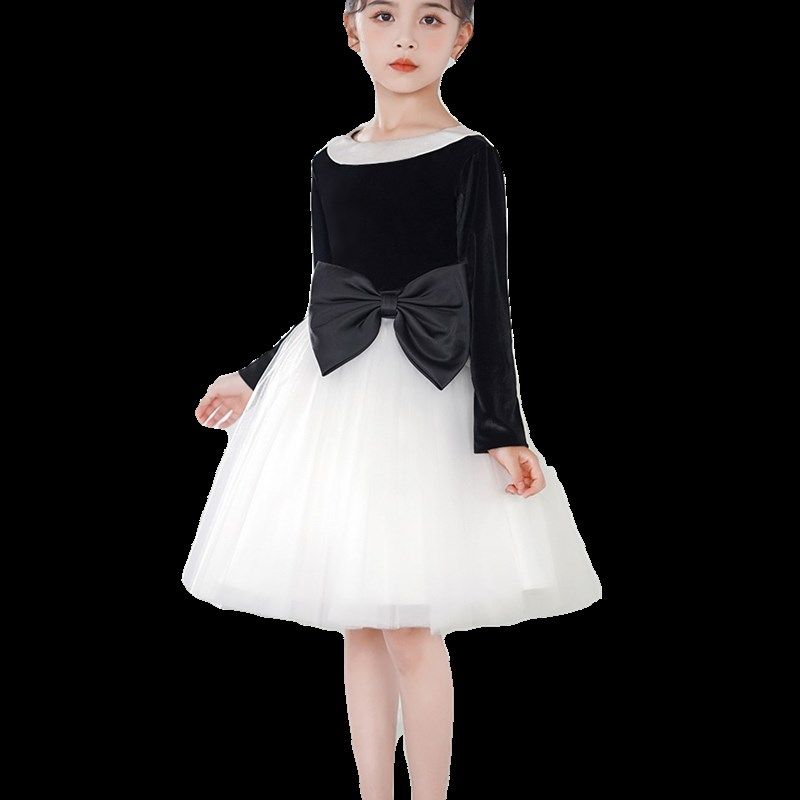 女童秋冬丝绒网纱公主裙圣诞节钢琴演出服黑白拼色合唱团比赛礼服,淘宝优惠券,粉丝福利购,淘宝优惠卷