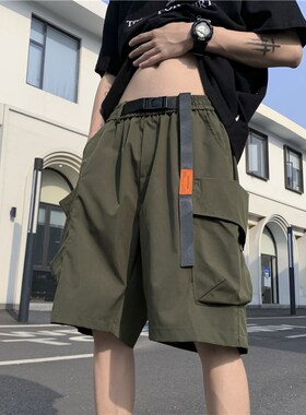 机能黑色工装短裤男士夏季薄款宽松休闲男生中裤美式男款5五分裤