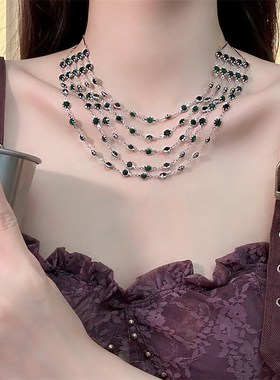 黑姑姑首饰多层绿色锆石项链女轻奢小众高级感锁骨链2024新款爆款