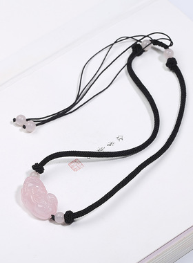 彩眼黑曜石情侣貔貅项链草莓晶粉水晶横版貔貅项链颜九同款吊坠