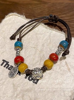 新中式纳福复古陶瓷串珠手链手串手绳女民族风国潮醒狮情侣饰品