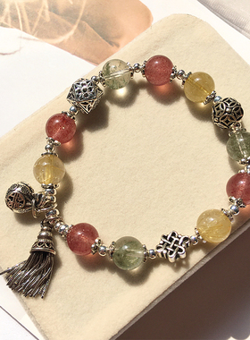 天然多宝水晶手链女纯银金发晶绿幽灵草莓晶招财招桃花手串