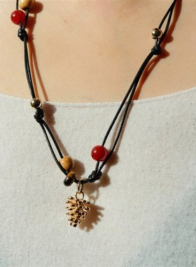 不规则串珠长链配饰时尚幸运松果编绳长项链女轻奢小众设计高级感