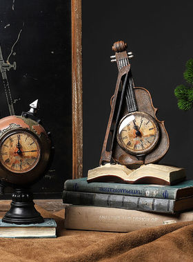欧式复古怀旧时钟摆件酒柜装饰家居客厅小提琴乐器书柜摆设