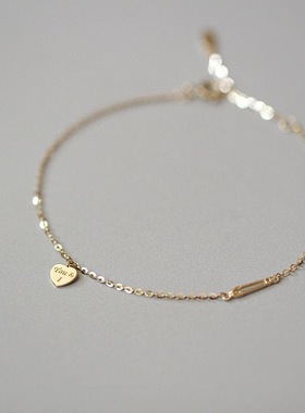 S925纯银镀14K金色英文爱心别针手链女气质百搭简约设计感轻奢侈