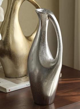 现代简约抽象金色银色手柄壶花器样板间售楼处客厅酒店装饰摆件