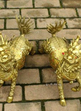 纯黄铜火焰麒麟摆件纳福麒麟家居客厅金属装饰工艺品