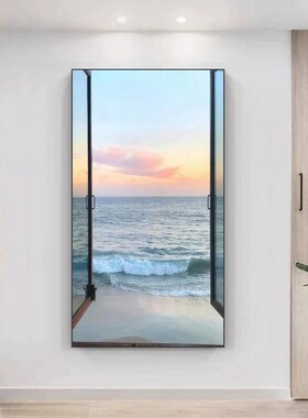 大海沙滩空间延伸感仿假窗户装饰画海浪玄关挂画流水生财窗子壁画