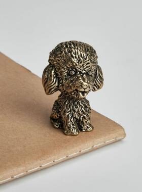 黄铜做旧微雕泰迪狗家居摆件实心动物贵宾犬生肖狗手把件古玩铜器