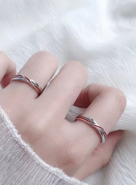 交叉红线情侣戒指男女一对红色滴胶开口指环时尚简约莫比乌斯