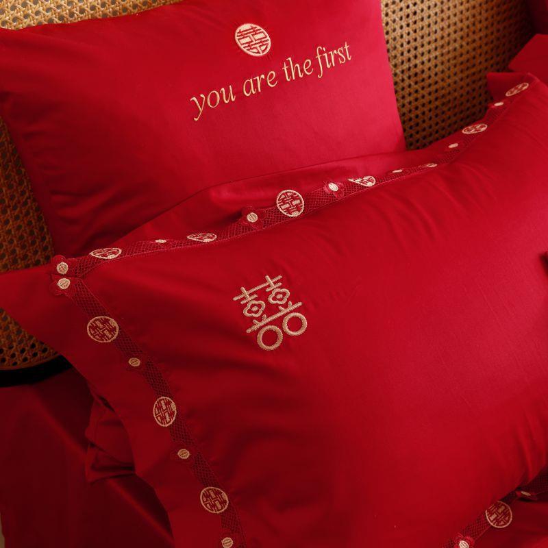 长绒棉四件套纯棉刺绣大红色高支全棉结婚庆双人加大被套床上用品 - 图2