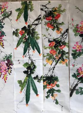 紫藤葫芦丝d瓜四季图四条屏纯手绘国画字画客厅办公室书房装饰挂