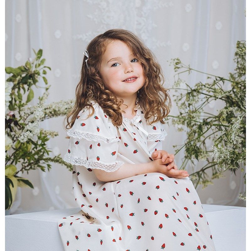 儿童夏季薄款家居服女童草莓印花睡裙小女孩可爱短袖蕾丝睡衣套,淘宝优惠券,粉丝福利购,淘宝优惠卷