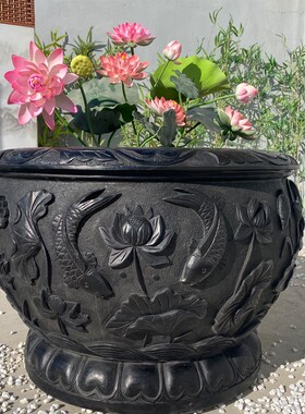 石雕鱼缸天然仿古青石福字石缸花盆室内庭院养鱼荷花缸门海大水缸