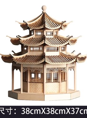 新中式古建筑三层模型亭子木质拼装摆件手工礼品餐厅展示柜摆设品