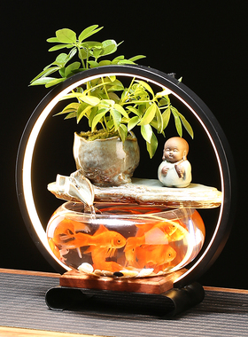 简约禅意家居喷泉鱼缸流水摆件灯圈生态鱼缸造景桌面装饰品大小型