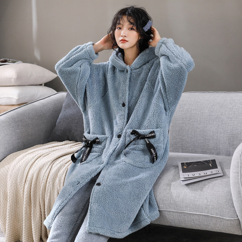 睡袍女秋冬季加厚珊瑚绒加绒浴袍可爱长款睡裙法兰绒大码睡衣套装,淘宝优惠券,粉丝福利购,淘宝优惠卷