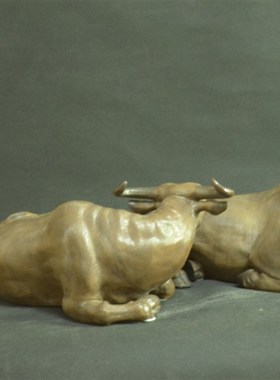 陶瓷牛工艺品 牛摆件 大号 前台办公室 中式 石湾 卧水牛乐得清闲