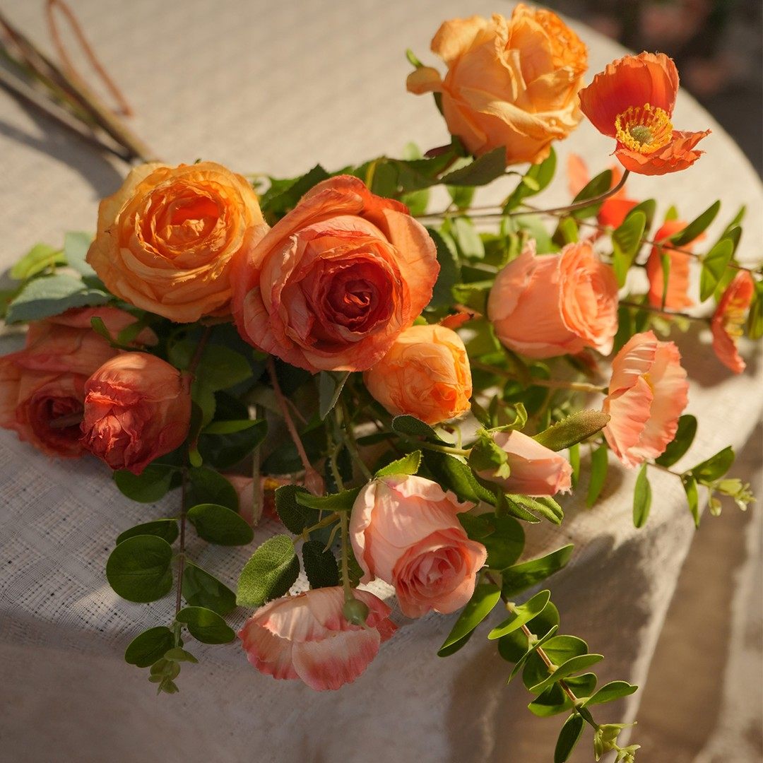 (橘子汽水）橙黄色花束焦边玫瑰花虞美人花束玄关花客厅仿真花假,淘宝优惠券,粉丝福利购,淘宝优惠卷