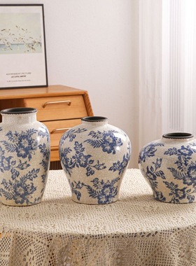 北欧轻奢复古青花瓷陶瓷冰裂纹花瓶插花花器客厅玄关装饰品摆件