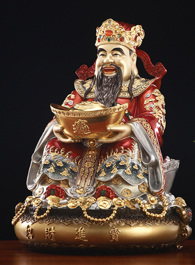 财神爷摆件家用供奉聚宝盆文财神爷神像纯铜贴金锦雕店铺客厅财神