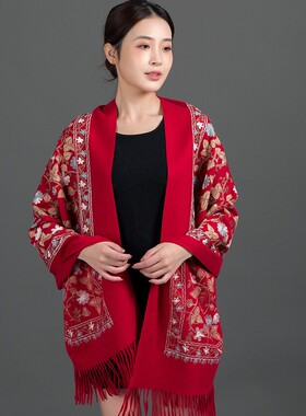 围巾红色女冬妈妈长版民族风刺绣保暖披巾外搭喜婆婆婚宴旗袍披肩