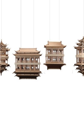 新中式古风古f建筑倒影亭子样板房摆件中国风悬挂吊饰镜像灯装饰