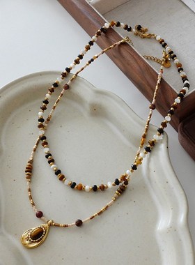 天然虎眼石吊坠项链美拉德不规则串珠设计高级毛衣链复古风锁骨链