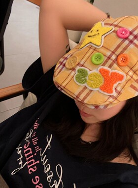 原创diy格纹卡通贴布前进帽女春夏季元气糖果色Y2K辣妹网红贝雷帽