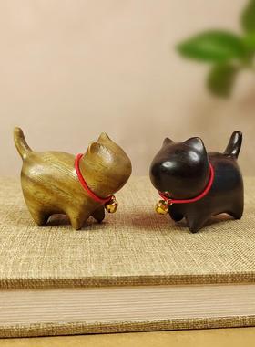 可爱卡通檀木萌宠猫咪桌面小摆件手工雕刻招财猫定制刻字礼物礼品