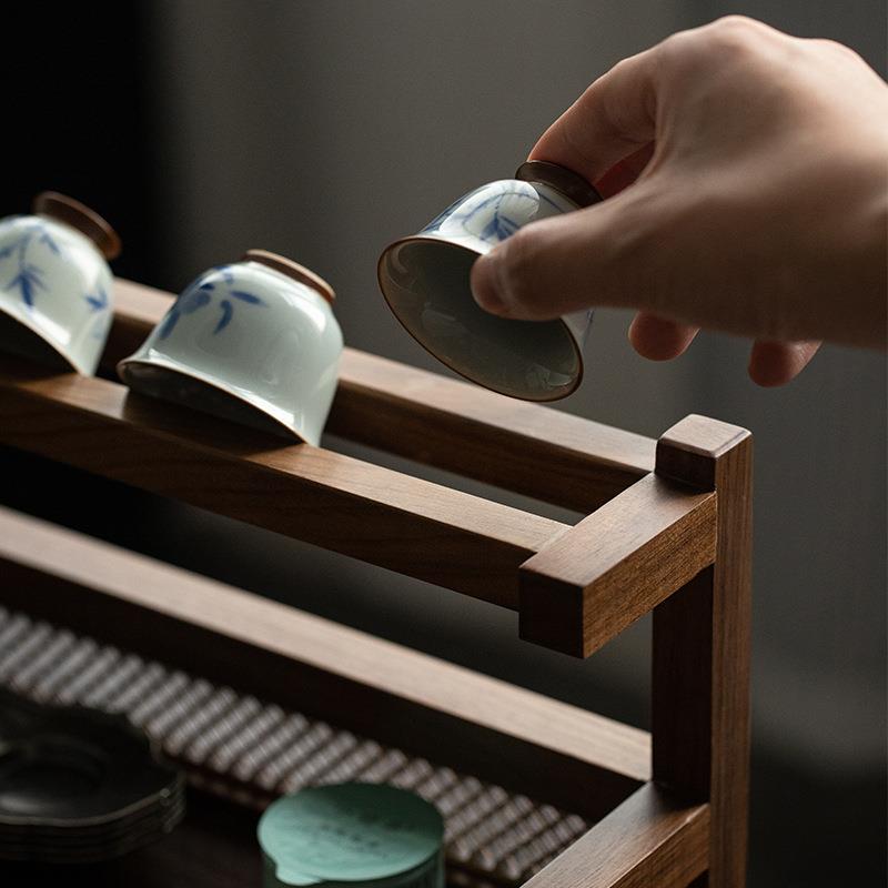 黑胡桃茶杯架子茶具茶壶紫砂壶收纳架中式多宝阁桌面小博古架 - 图1