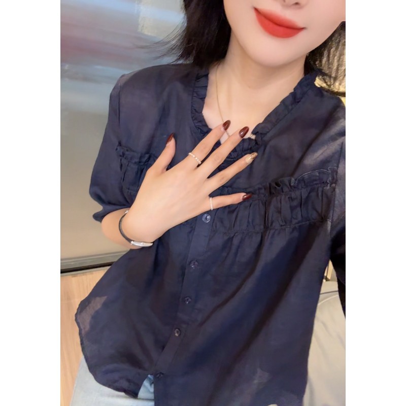 木耳边苎麻衬衫女夏季新款薄款时尚小衫袖宽松遮肉显瘦上衣25102 - 图3