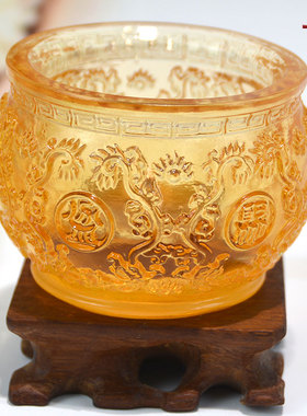 琉璃聚宝盆小摆件招财办公室收纳盒存钱罐客厅玄关装饰水晶工艺品