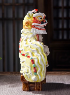 石湾陶瓷家居装饰品客厅摆件开业送礼岭南名俗醒狮舞狮文化 彩青