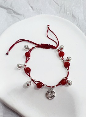 苗疆少女红玛瑙铃铛手链女一步一响福牌铃铛手编绳手链送闺蜜