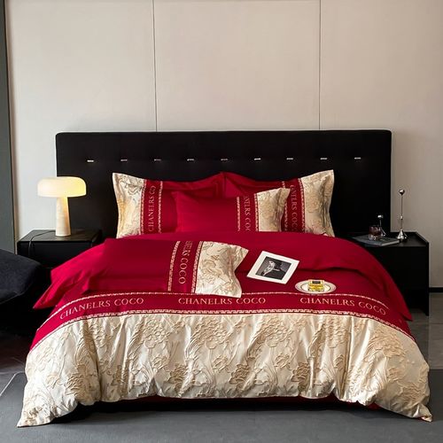 轻奢风婚庆四件套红色拼接被套纯棉结婚床单新房乔迁全棉床上用品 - 图3