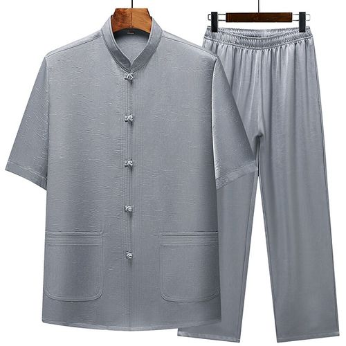 夏季中老年男士唐装短袖汉服复古60岁衬衫中国风薄款爸爸套装老人 - 图3