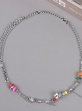 冷淡风彩色碎石拼接项链女轻奢小众设计高级感不规则方块锁骨链潮