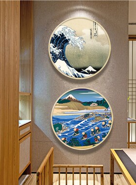 日式餐厅装饰画圆形和风浮世绘挂画料理店背景墙面创意玄关壁画歺