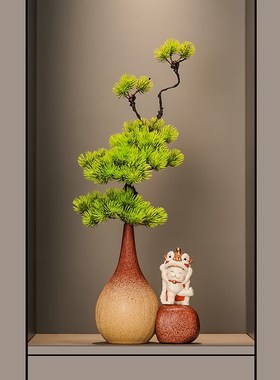 入户门玄关招财猫石来运转细长竖高花瓶摆件高级感客厅陶瓷装饰品